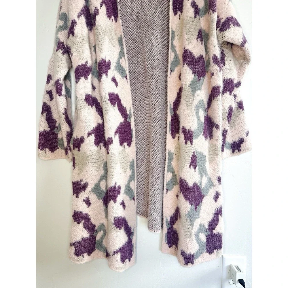 Umgee Boho Oversized Fuzzy‎ Knit Long Cardigan Sweater XL Pink Purple Abstract